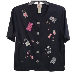 K Wear Black Short Sleeve Whimsical  & Fun Embroidered Cardigan Top Size M
